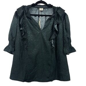 Good Hart Size 2X Green Pebble Peasant Top Ruffle Blouse Short Puff Sleeve Satin